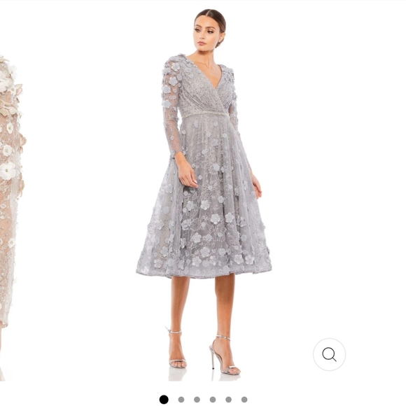 Mac Duggal Silver Floral Appliqu V-Neck Midi Dress